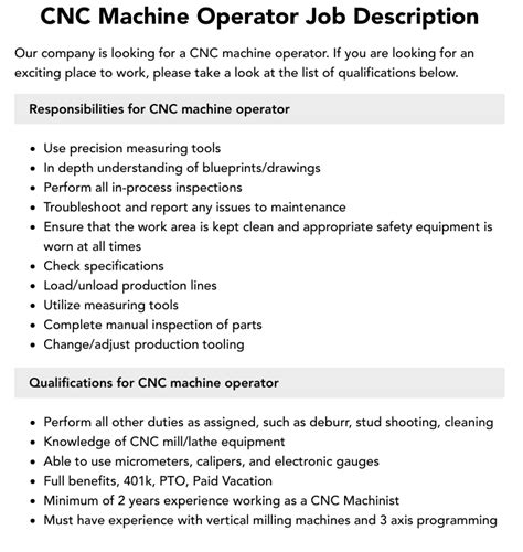 cnc manufacturing job description|cnc machine operator job duties.